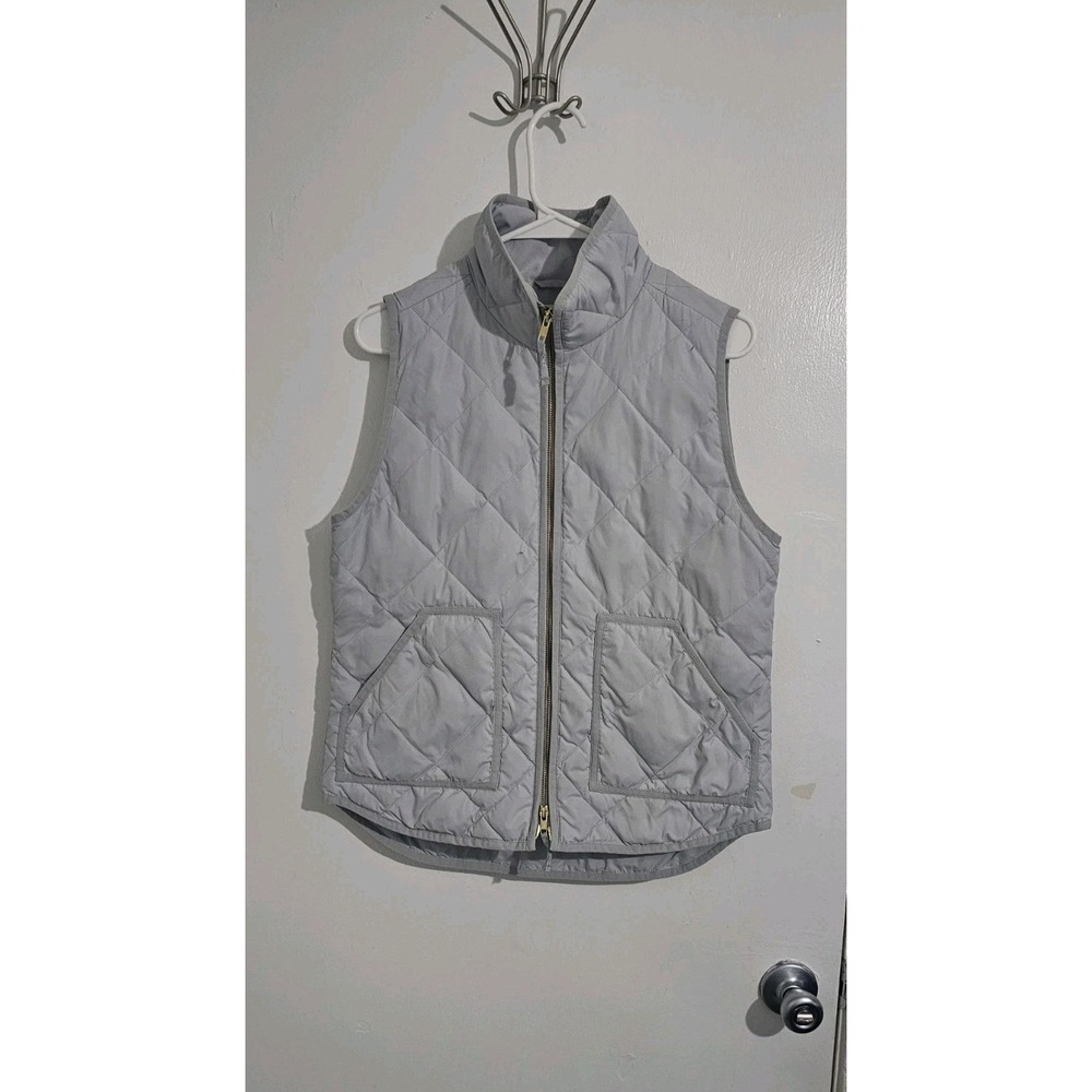 J. Crew Quilted Down Vest Women's Small Grey Puffer Pockets Gold Zip Preppy